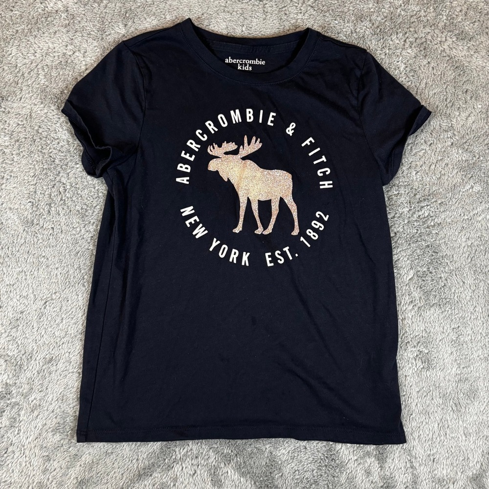 Abercrombie Kids Navy Blue Glitter Moose Graphic Tee Shirt Size 9/10
